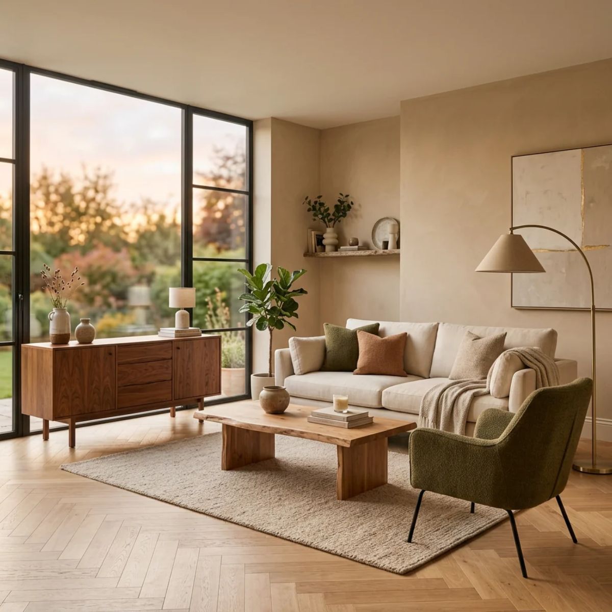 Salón moderno y elegante con muebles reacondicionados de diseño combinados con mobiliario nuevo
